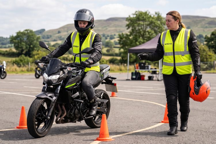 A motorcycle instructor wearing a high-visibility yellow vest standing on a paved lot with a student maneuvering through a cone obstacle course.