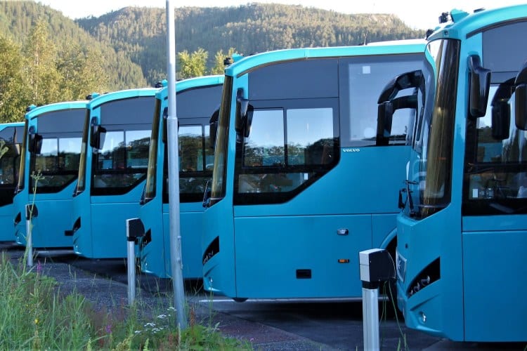 A side profile view of a row of blue commercial buses parked in a lot.