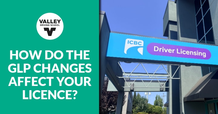A blog post header graphic featuring a teal section on the left with the Valley Driving School logo and the text "HOW DO THE GLP CHANGES AFFECT YOUR LICENCE?", alongside a photo on the right showing an ICBC Driver Licensing building.