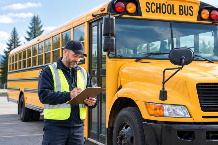 A school bus driver standing beside a yellow school bus, completing a pre-trip inspection while holding a clipboard and wearing a safety vest.