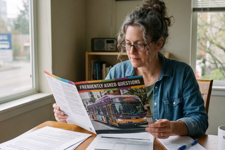 A woman wearing glasses sitting at a desk, looking closely at an FAQ booklet for a tranist company.