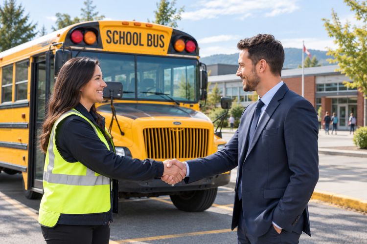 A woman standing outside next to a school bus, wearing a safety vest, shaking hands and chatting with a man in a suit.