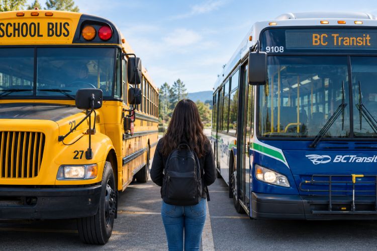 A yellow school bus and a blue transit bus parked side-by-side, with a female standing between them.