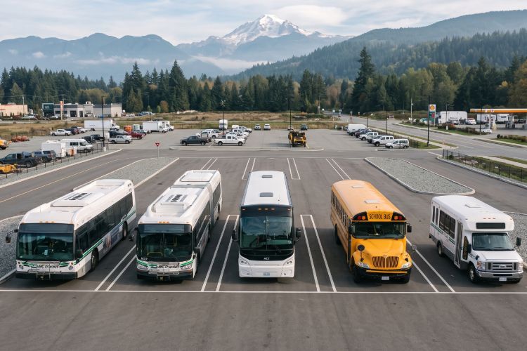 An aerial shot of two white transit buses, a white coach bus, a yellow school bus, and a white shuttle bus parked alongside each other in a parking lot with mountains in the background.