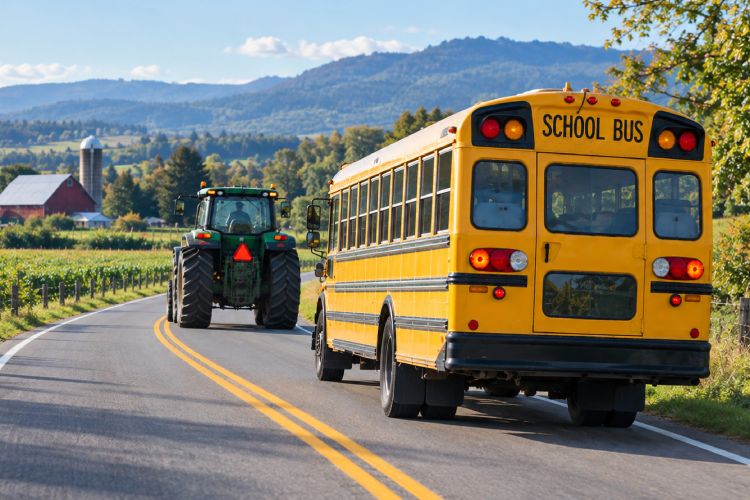 A yellow school bus driving along a rural road, behind a tractor with a slow vehicle sign on the back, with green fields and mountains in the background.