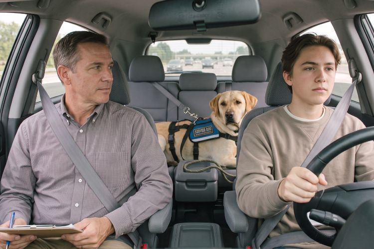 A driver and a road test examiner sitting in the front seats of a car with a service dog sitting in the back seat.