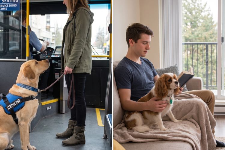 Two images: the image on the right is a man sitting on a sofa with a support dog beside him. The image on the left shows a woman standing on a transit bus with a service dog sitting and looking up at her.